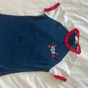 Free People USA Embroidered Navy and White T-Shirt with Red Trim
